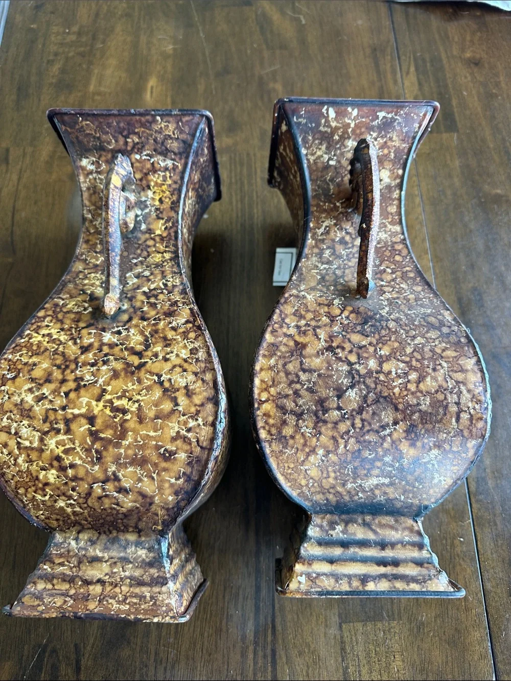 Pair of Brown Speckled Metal Urn Vases with Scroll Handles